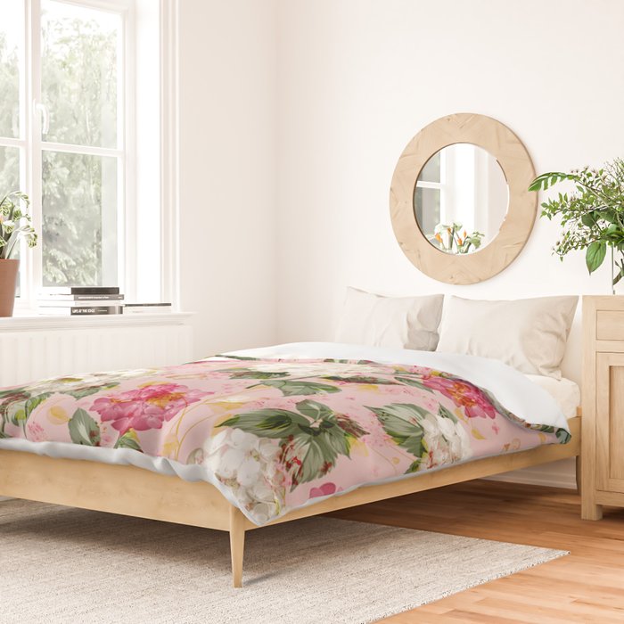 Vintage green pink white bohemian hortensia flowers Duvet Cover Gallery Image 2
