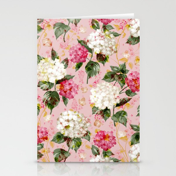 Vintage green pink white bohemian hortensia flowers Stationery Card Gallery Image 1