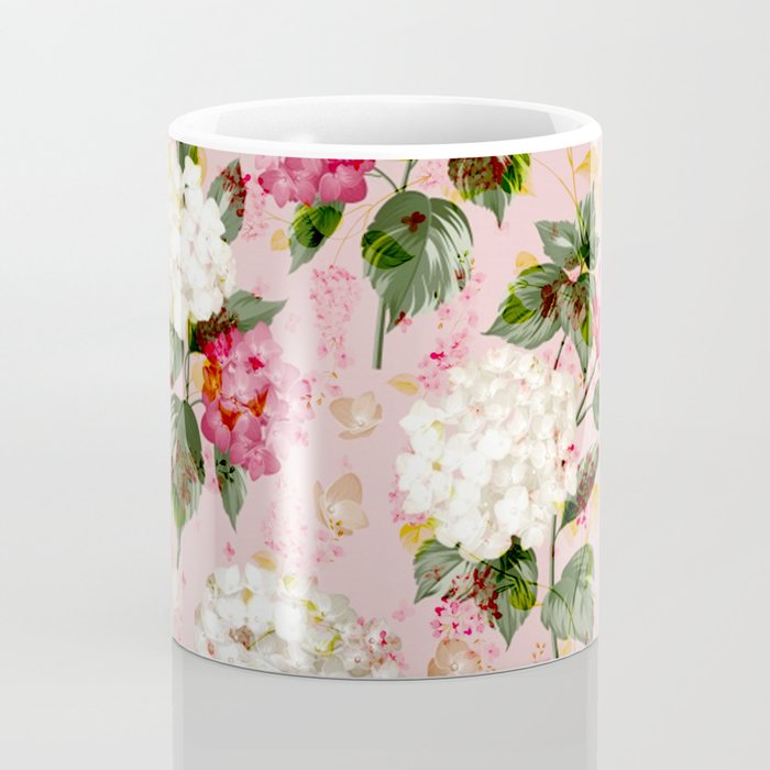 Vintage green pink white bohemian hortensia flowers Coffee Mug Gallery Image 4