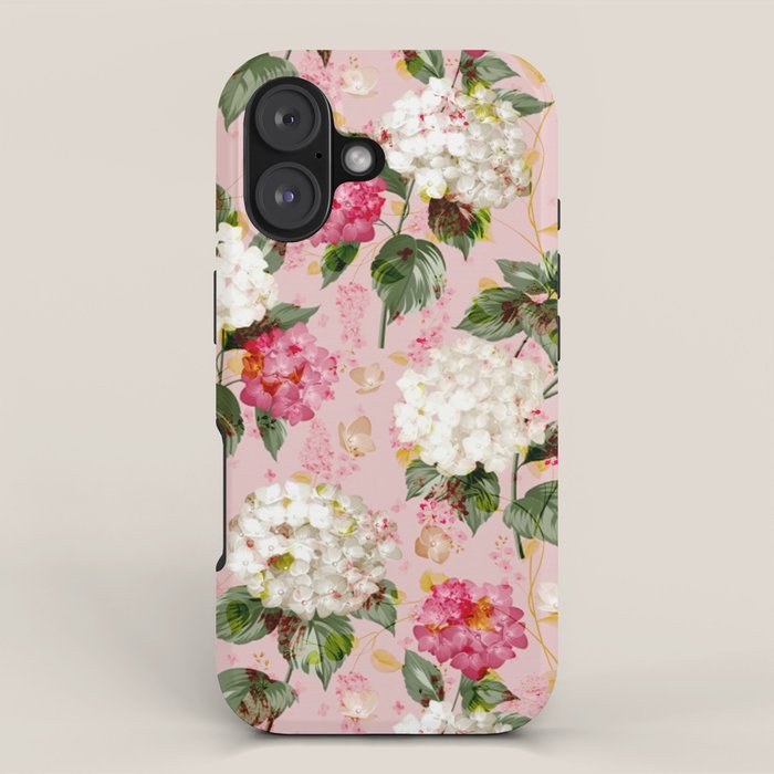Vintage green pink white bohemian hortensia flowers iPhone Case Gallery Image 1