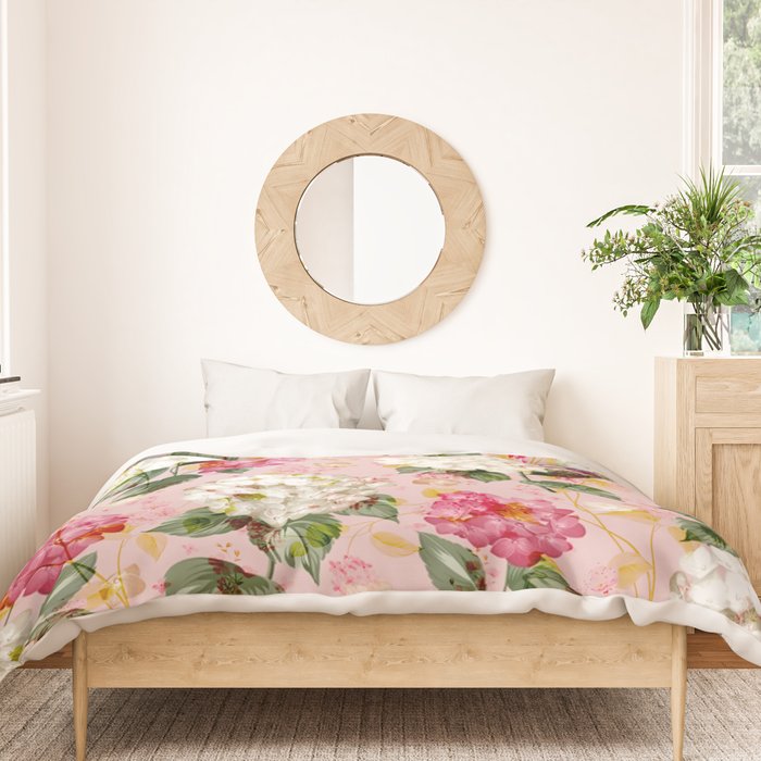 Vintage green pink white bohemian hortensia flowers Duvet Cover Gallery Image 3