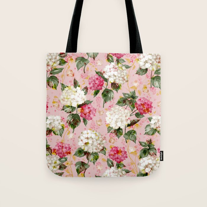 Vintage green pink white bohemian hortensia flowers Tote Bag Gallery Image 1