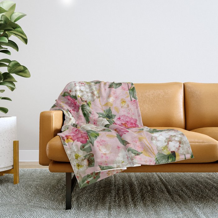 Vintage green pink white bohemian hortensia flowers Throw Blanket Gallery Image 1