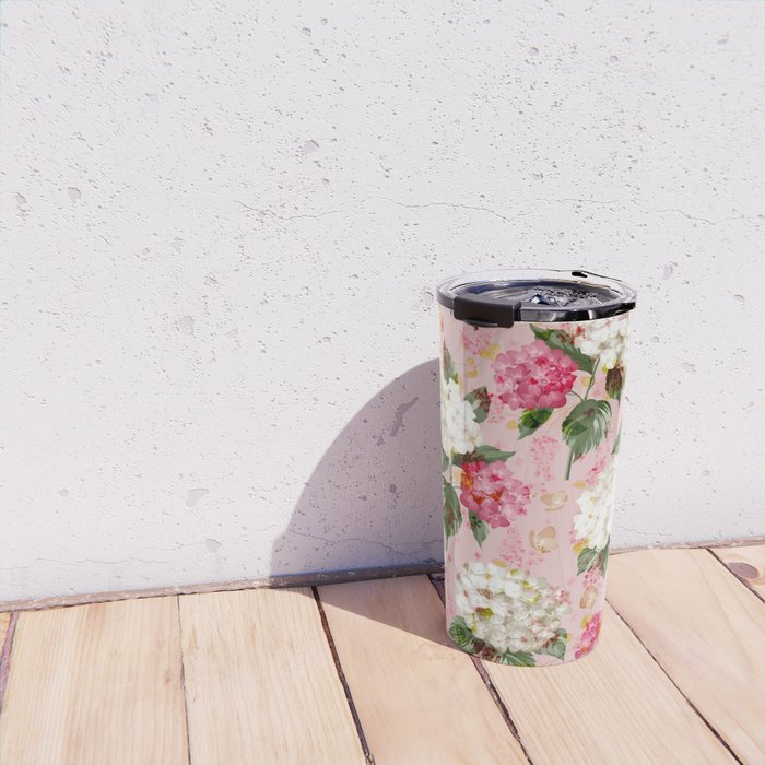 Vintage green pink white bohemian hortensia flowers Travel Mug Gallery Image 4