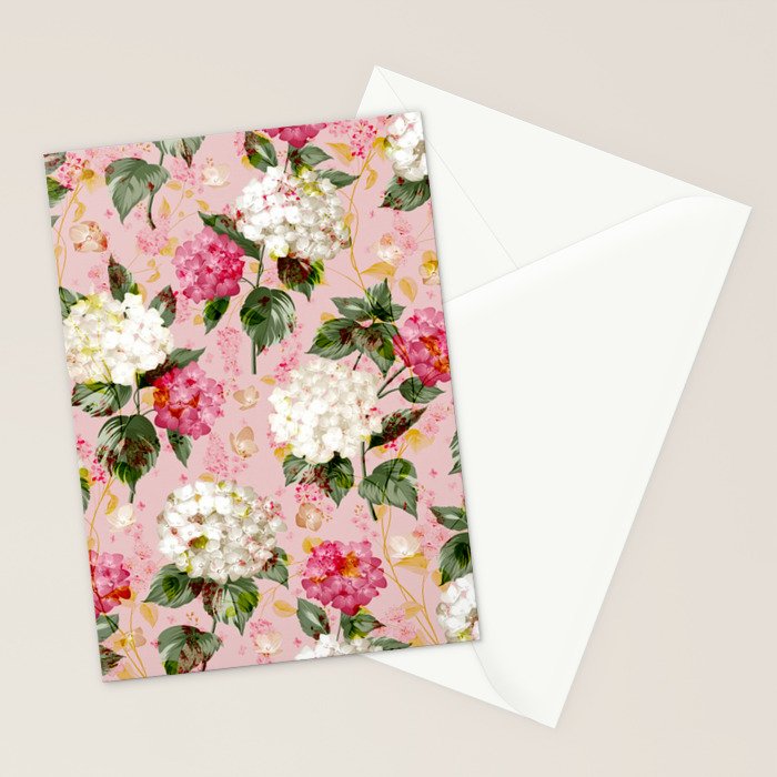 Vintage green pink white bohemian hortensia flowers Stationery Card Gallery Image 2