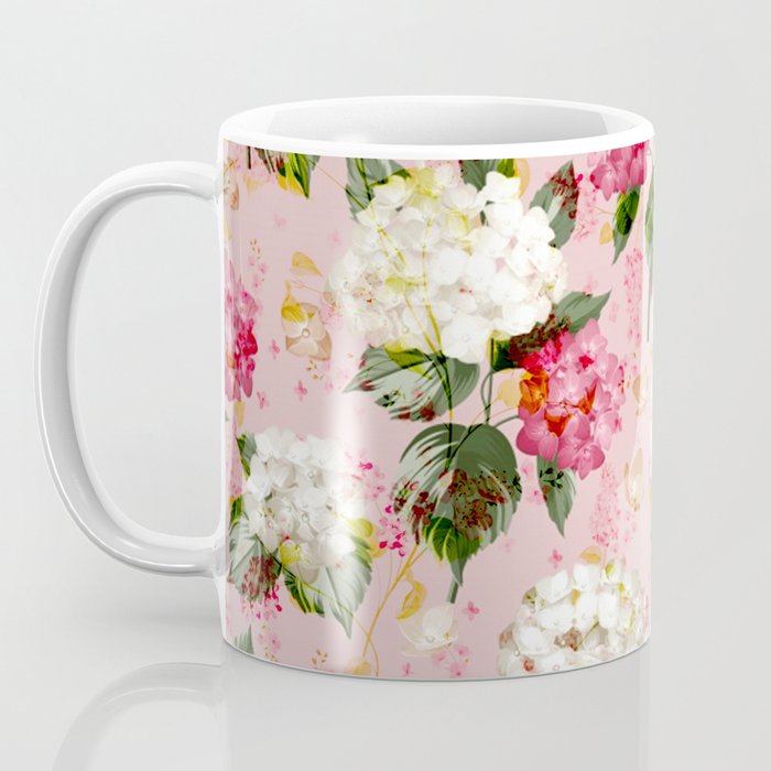 Vintage green pink white bohemian hortensia flowers Coffee Mug Gallery Image 3