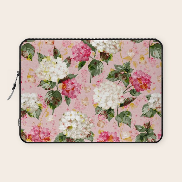 Vintage green pink white bohemian hortensia flowers Laptop Sleeve Gallery Image 1