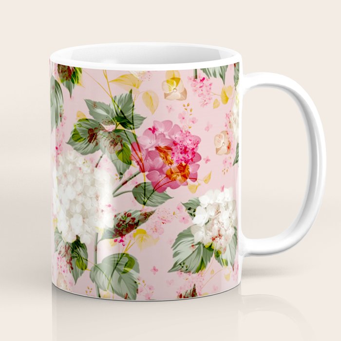 Vintage green pink white bohemian hortensia flowers Coffee Mug Gallery Image 1