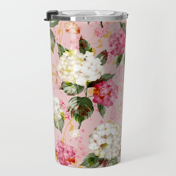 Vintage green pink white bohemian hortensia flowers Travel Mug Gallery Image 3