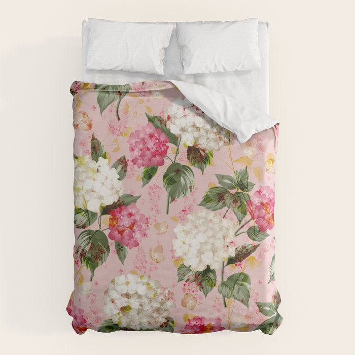 Vintage green pink white bohemian hortensia flowers Duvet Cover Gallery Image 1