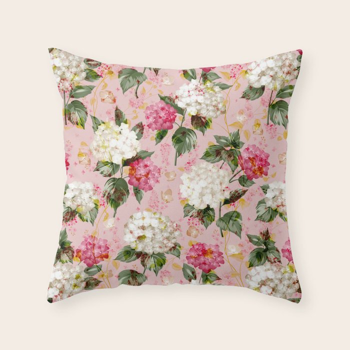 Vintage green pink white bohemian hortensia flowers Throw Pillow Gallery Image 1