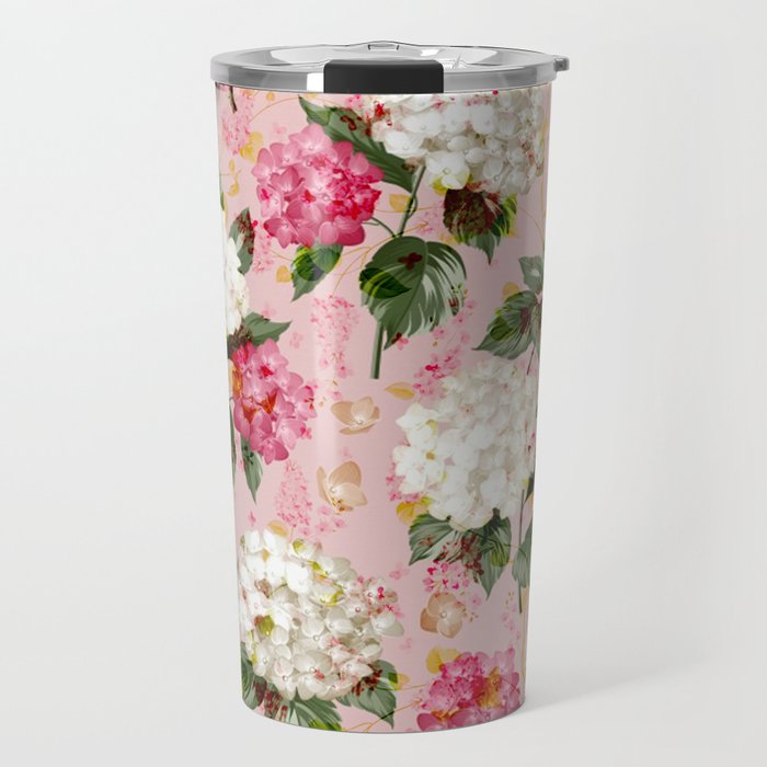 Vintage green pink white bohemian hortensia flowers Travel Mug Gallery Image 1