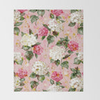 Vintage green pink white bohemian hortensia flowers Throw Blanket Gallery Image 2