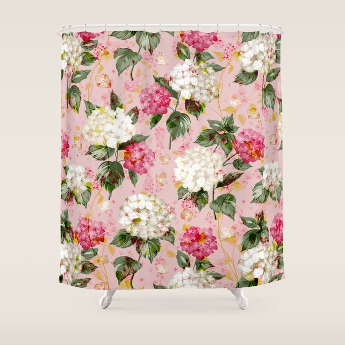 Vintage green pink white bohemian hortensia flowers Shower Curtain Gallery Image 1