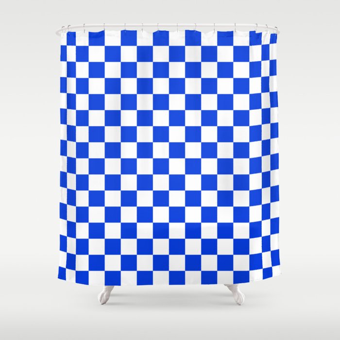 Checkerboard Check Checkered Pattern in Royal Blue and White  Shower Curtain Gallery Image 1