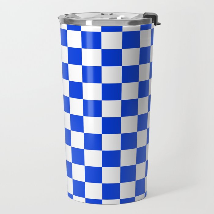Checkerboard Check Checkered Pattern in Royal Blue and White  Travel Mug Gallery Image 2