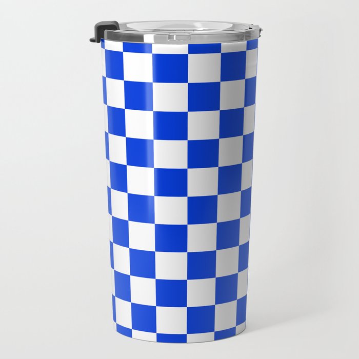 Checkerboard Check Checkered Pattern in Royal Blue and White  Travel Mug Gallery Image 3
