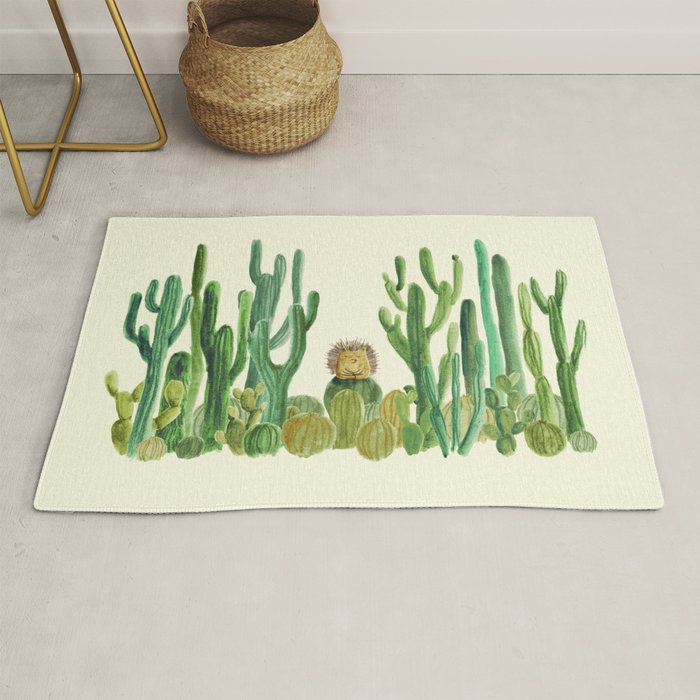 In my happy place - hedgehog meditating in cactus jungle Rug Gallery Image 1