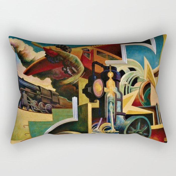 Classical Masterpiece - Instruments of Power - Train, Airplane, Steam by Thomas Hart Benton Rectangular Pillow Gallery Image 2