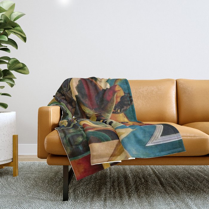 Classical Masterpiece - Instruments of Power - Train, Airplane, Steam by Thomas Hart Benton Throw Blanket Gallery Image 1