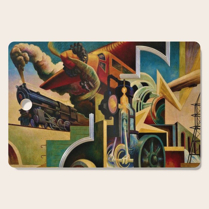 Classical Masterpiece - Instruments of Power - Train, Airplane, Steam by Thomas Hart Benton Cutting Board Gallery Image 1