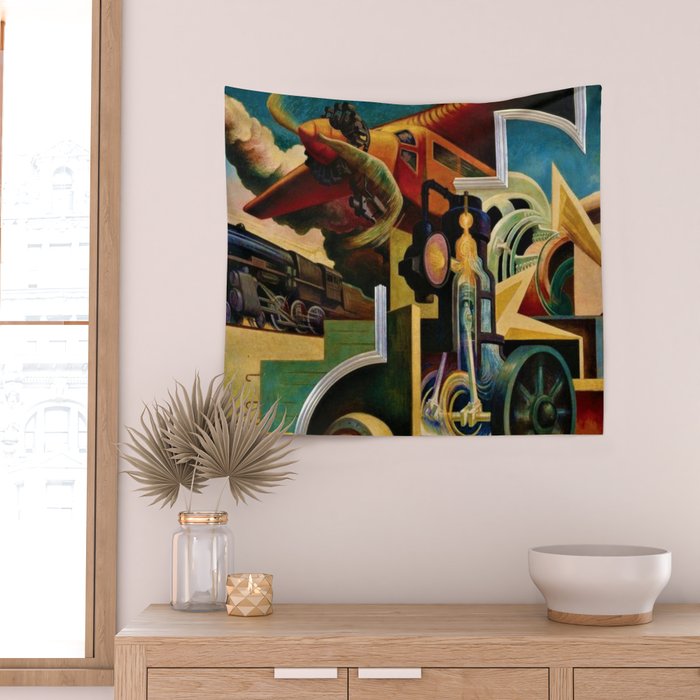 Classical Masterpiece - Instruments of Power - Train, Airplane, Steam by Thomas Hart Benton Wall Tapestry Gallery Image 2