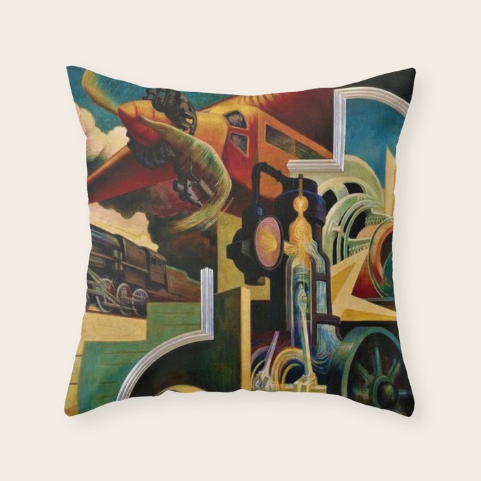 Classical Masterpiece - Instruments of Power - Train, Airplane, Steam by Thomas Hart Benton Throw Pillow Gallery Image 1