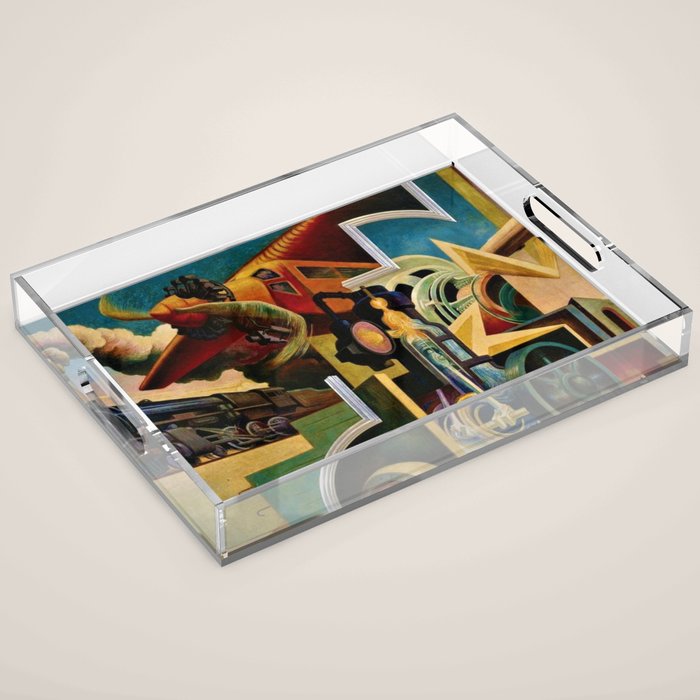 Classical Masterpiece - Instruments of Power - Train, Airplane, Steam by Thomas Hart Benton Acrylic Tray Gallery Image 1