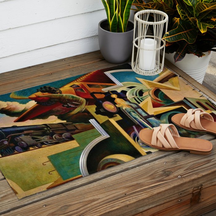 Classical Masterpiece - Instruments of Power - Train, Airplane, Steam by Thomas Hart Benton Outdoor Rug Gallery Image 2