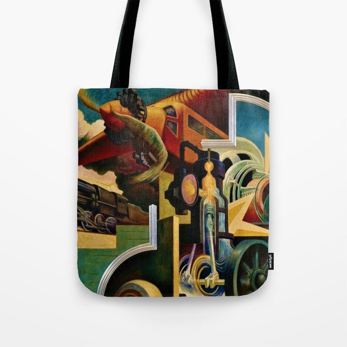 Classical Masterpiece - Instruments of Power - Train, Airplane, Steam by Thomas Hart Benton Tote Bag Gallery Image 1