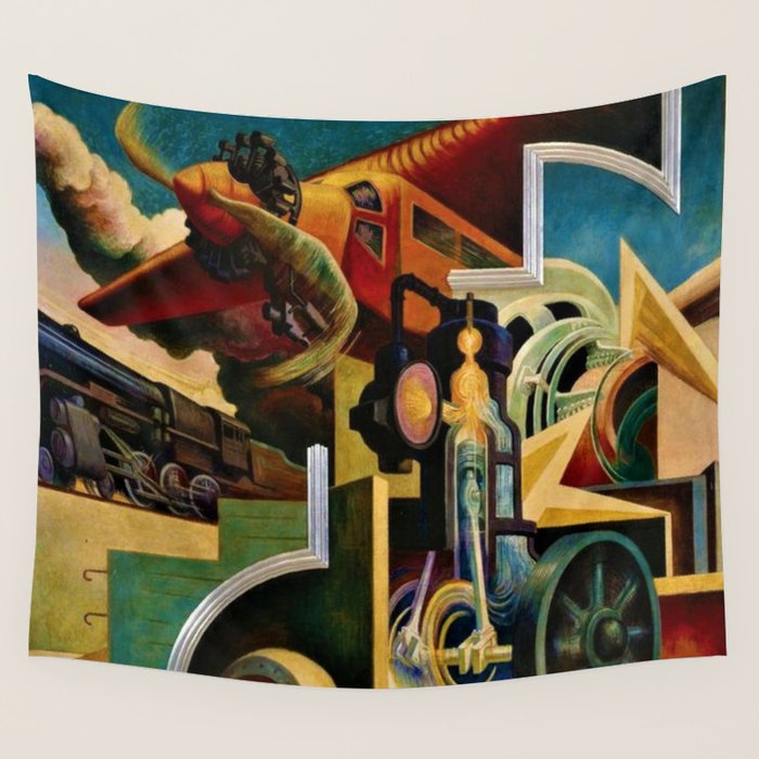 Classical Masterpiece - Instruments of Power - Train, Airplane, Steam by Thomas Hart Benton Wall Tapestry Gallery Image 1