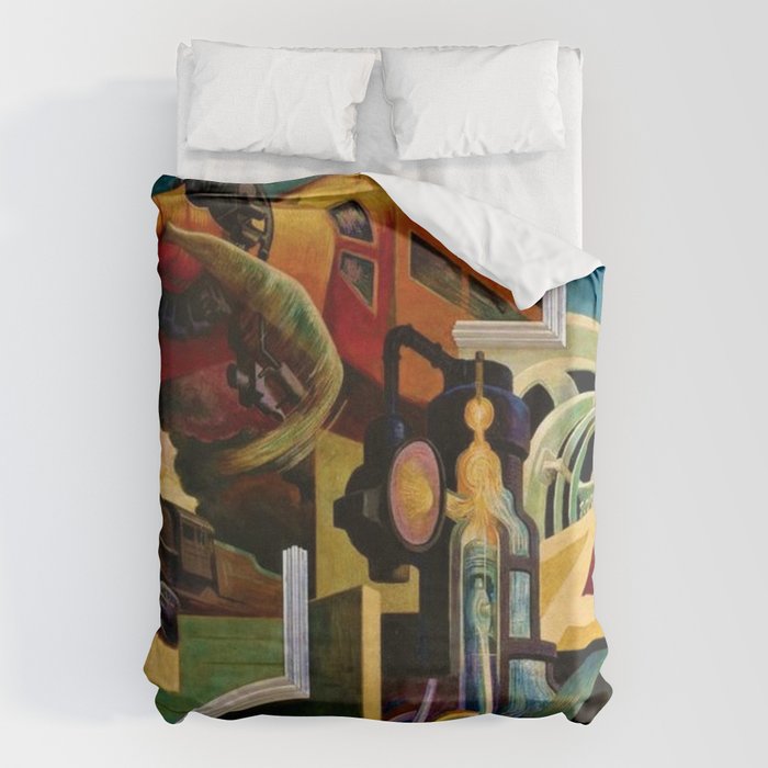 Classical Masterpiece - Instruments of Power - Train, Airplane, Steam by Thomas Hart Benton Duvet Cover Gallery Image 1