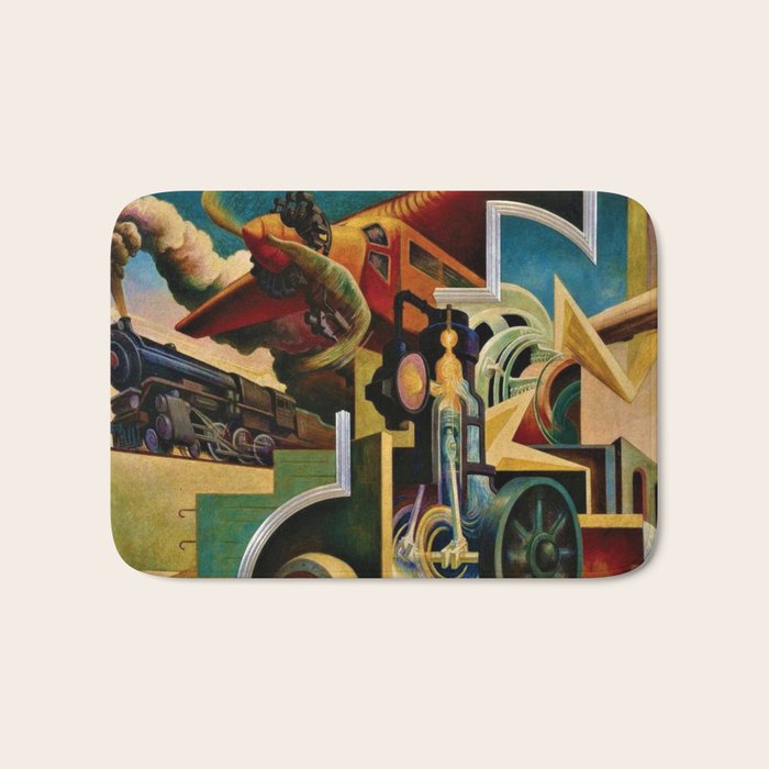 Classical Masterpiece - Instruments of Power - Train, Airplane, Steam by Thomas Hart Benton Bath Mat Gallery Image 1