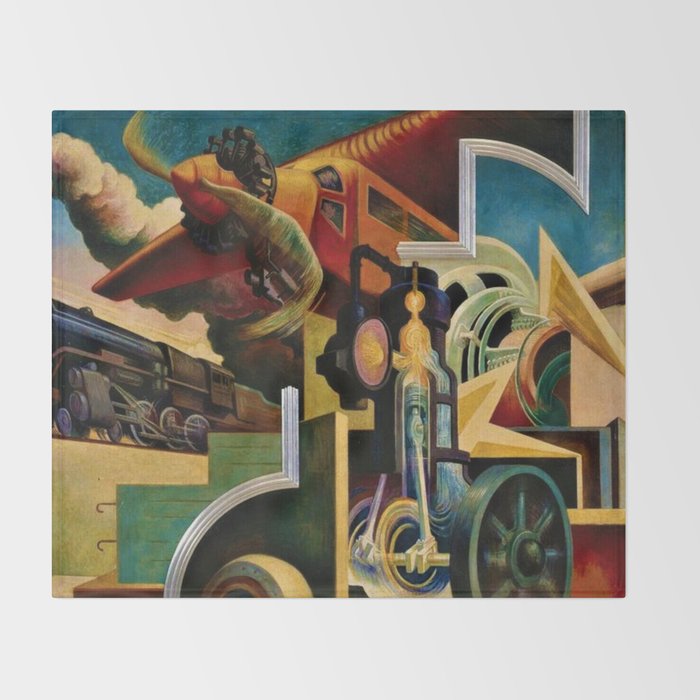 Classical Masterpiece - Instruments of Power - Train, Airplane, Steam by Thomas Hart Benton Throw Blanket Gallery Image 2