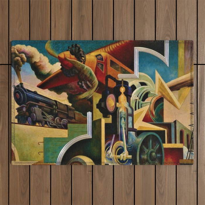 Classical Masterpiece - Instruments of Power - Train, Airplane, Steam by Thomas Hart Benton Outdoor Rug Gallery Image 1