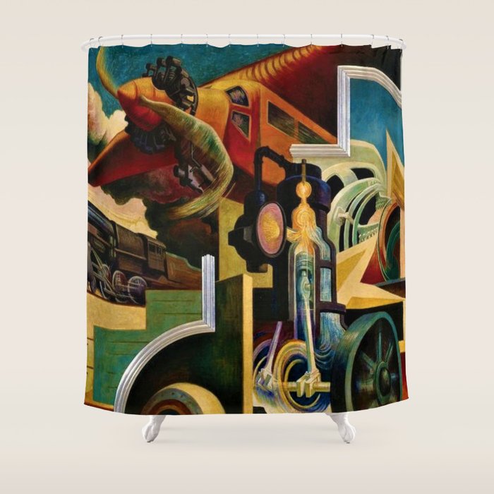 Classical Masterpiece - Instruments of Power - Train, Airplane, Steam by Thomas Hart Benton Shower Curtain Gallery Image 1