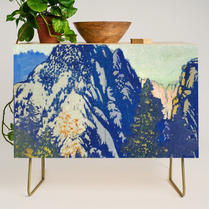  A Departure I - Mountain & Forest Nature Ukiyo Landscape in Blue, Green & Grey Credenza Gallery Image 1