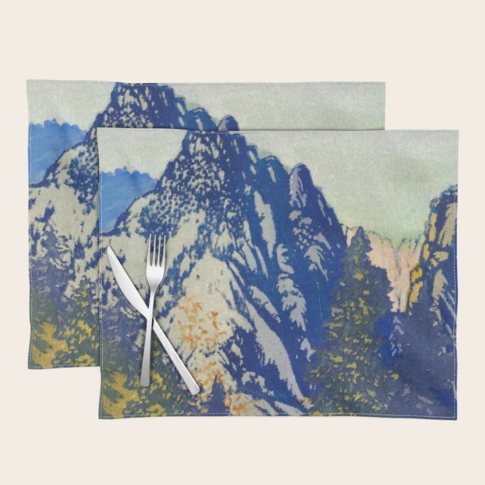  A Departure I - Mountain & Forest Nature Ukiyo Landscape in Blue, Green & Grey Placemat Gallery Image 1