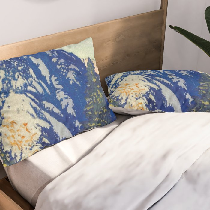  A Departure I - Mountain & Forest Nature Ukiyo Landscape in Blue, Green & Grey Pillow Sham Gallery Image 2