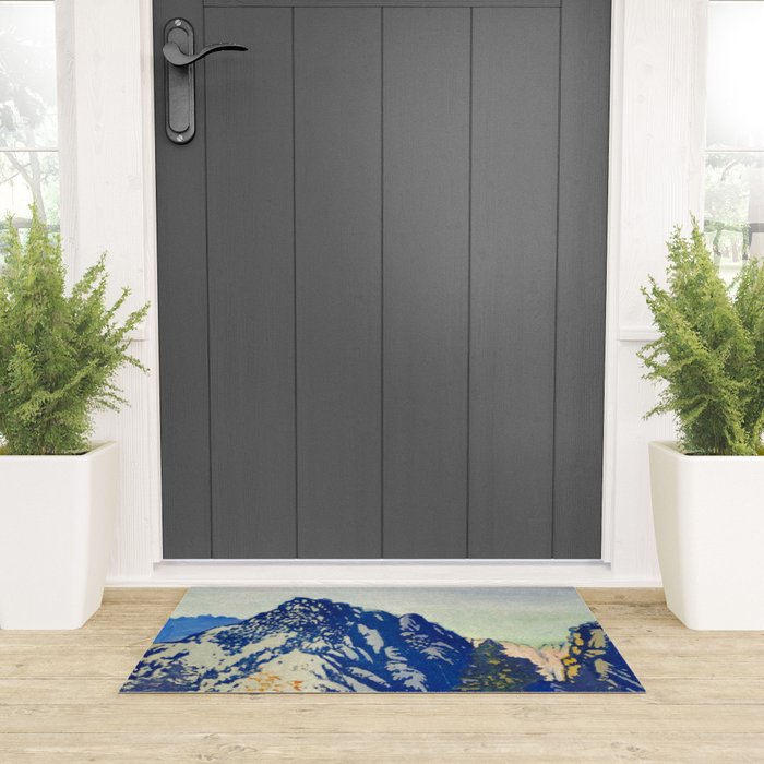  A Departure I - Mountain & Forest Nature Ukiyo Landscape in Blue, Green & Grey Welcome Mat Gallery Image 3
