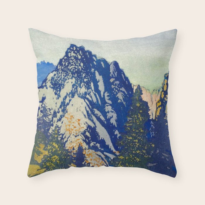  A Departure I - Mountain & Forest Nature Ukiyo Landscape in Blue, Green & Grey Throw Pillow Gallery Image 6