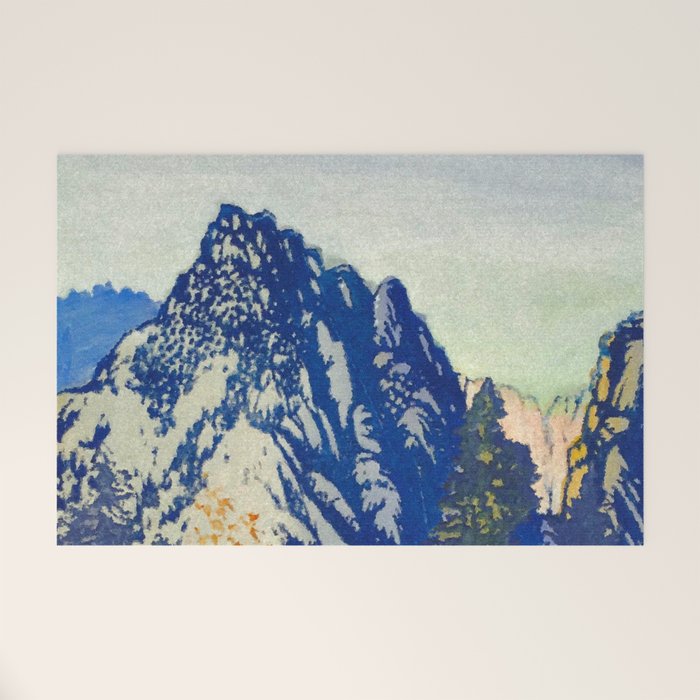  A Departure I - Mountain & Forest Nature Ukiyo Landscape in Blue, Green & Grey Welcome Mat Gallery Image 1