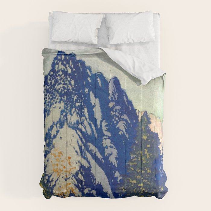  A Departure I - Mountain & Forest Nature Ukiyo Landscape in Blue, Green & Grey Comforter Gallery Image 6