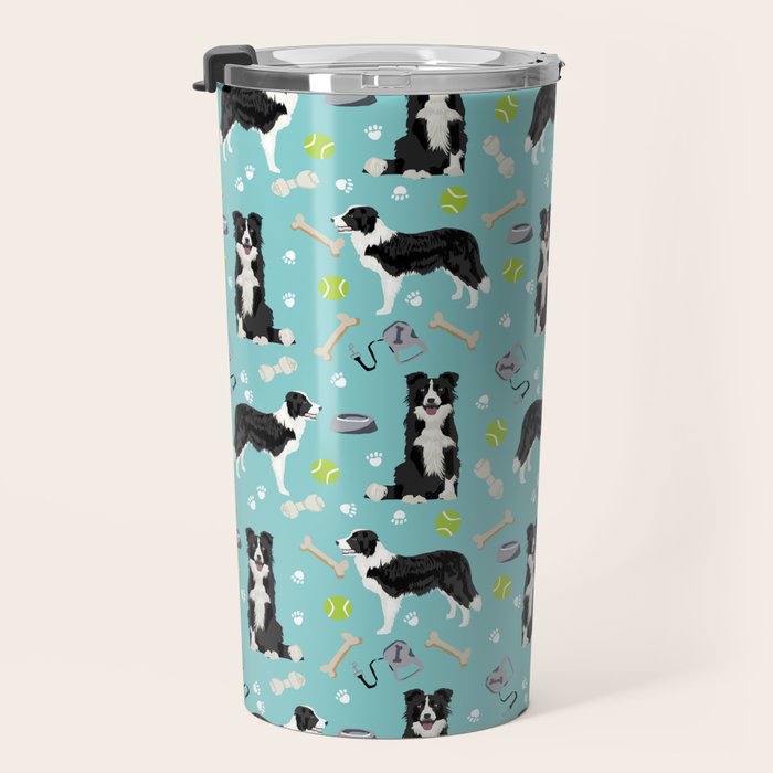 Border Collie tennis ball cute pet portrait by pet friendly dog patterns dog breed gifts Travel Mug Gallery Image 3
