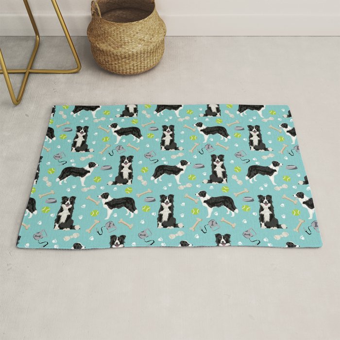 Border Collie tennis ball cute pet portrait by pet friendly dog patterns dog breed gifts Rug Gallery Image 1