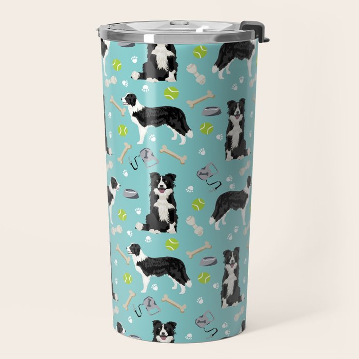 Border Collie tennis ball cute pet portrait by pet friendly dog patterns dog breed gifts Travel Mug Gallery Image 2