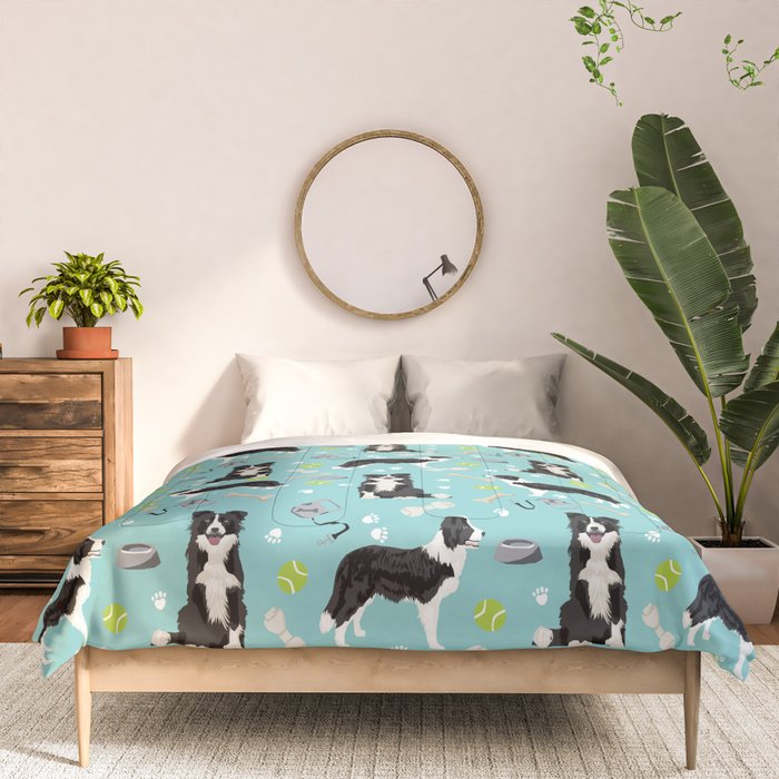 Border Collie tennis ball cute pet portrait by pet friendly dog patterns dog breed gifts Comforter Gallery Image 3