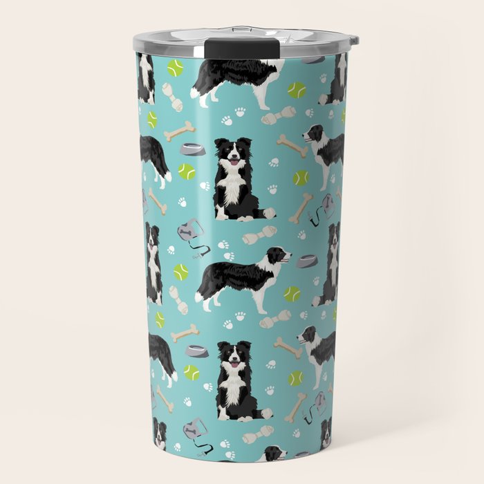 Border Collie tennis ball cute pet portrait by pet friendly dog patterns dog breed gifts Travel Mug Gallery Image 1