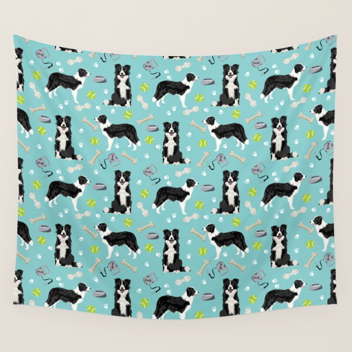 Border Collie tennis ball cute pet portrait by pet friendly dog patterns dog breed gifts Wall Tapestry Gallery Image 4