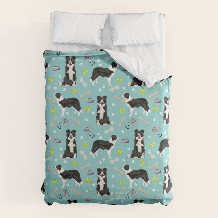 Border Collie tennis ball cute pet portrait by pet friendly dog patterns dog breed gifts Duvet Cover Gallery Image 6